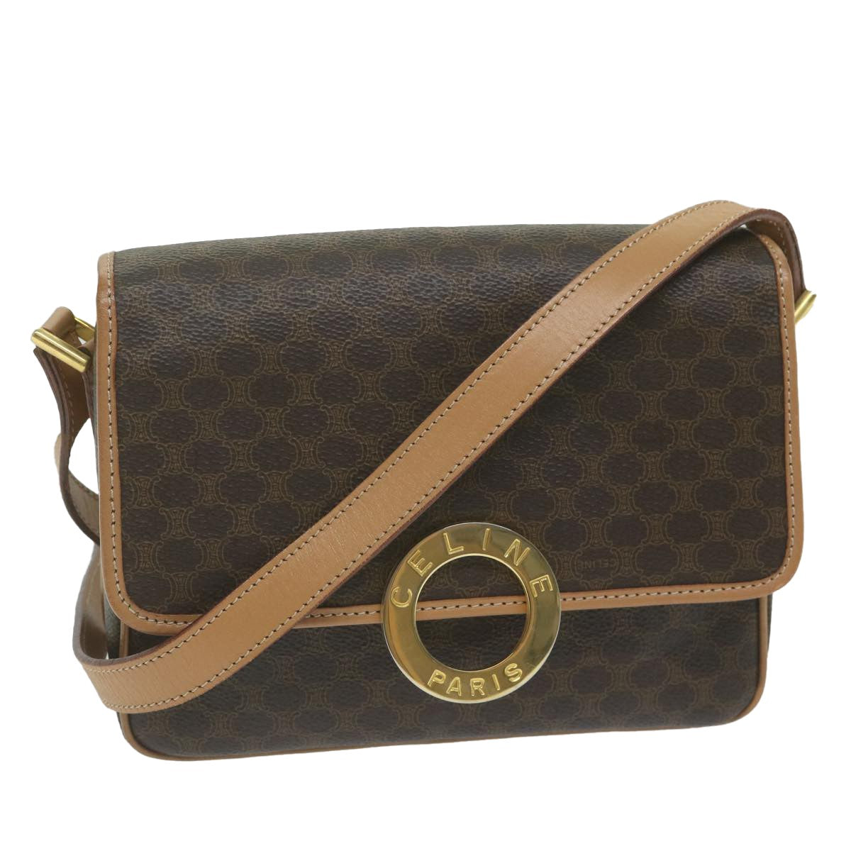 Celine Vintage Macadam Circle Logo Canvas And Leather Brown Canvas Shoulder Bag Bag (Pre-Owned)