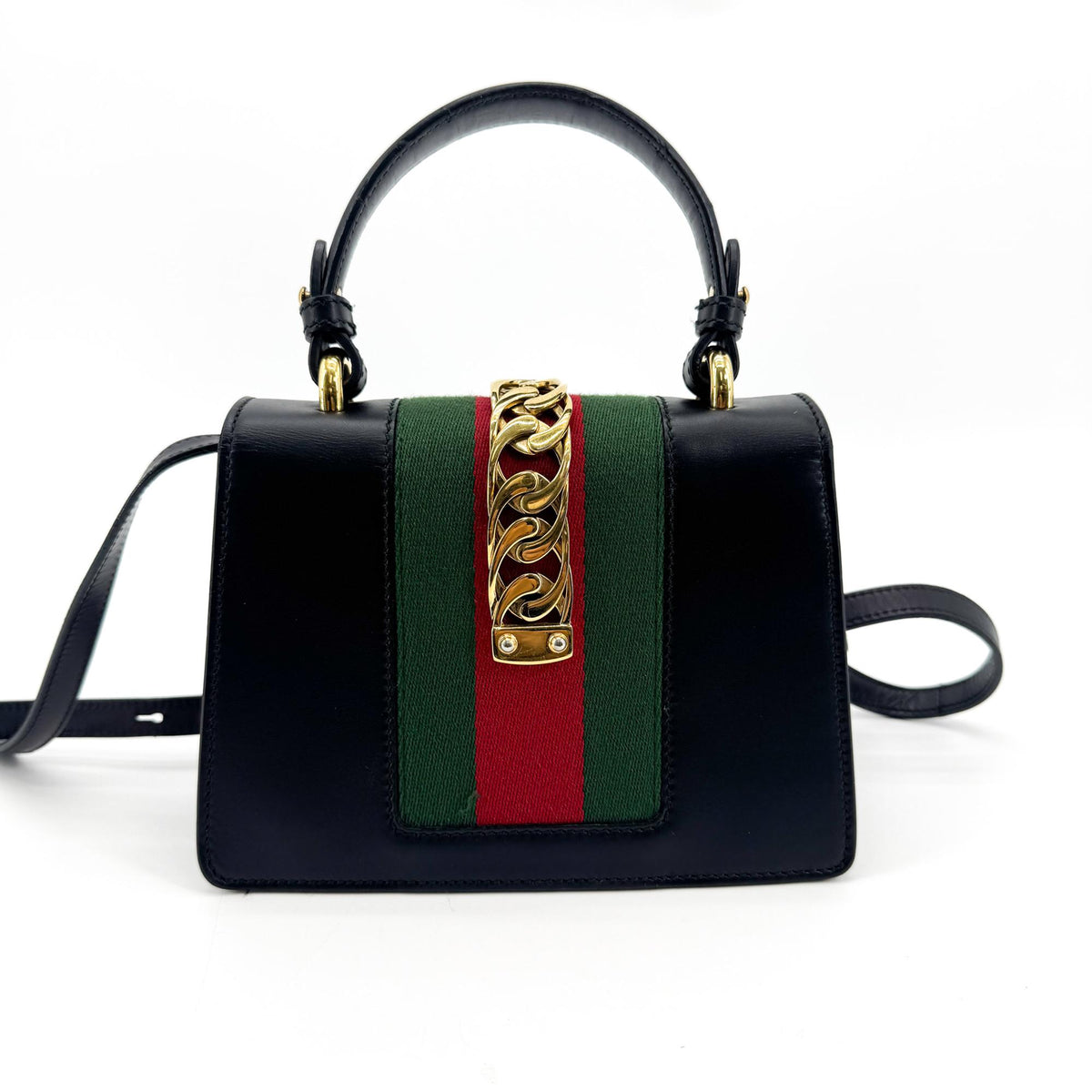 Gucci Sylvie Top Handle Leather Black Leather Handbag (Pre-Owned)