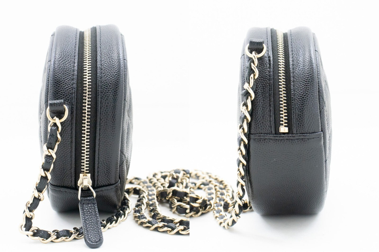 Chanel Round Compartment Clutch With Chain Quilted Caviar Leather Black Calfskin Clutche & Pouche Bag (Pre-Owned)