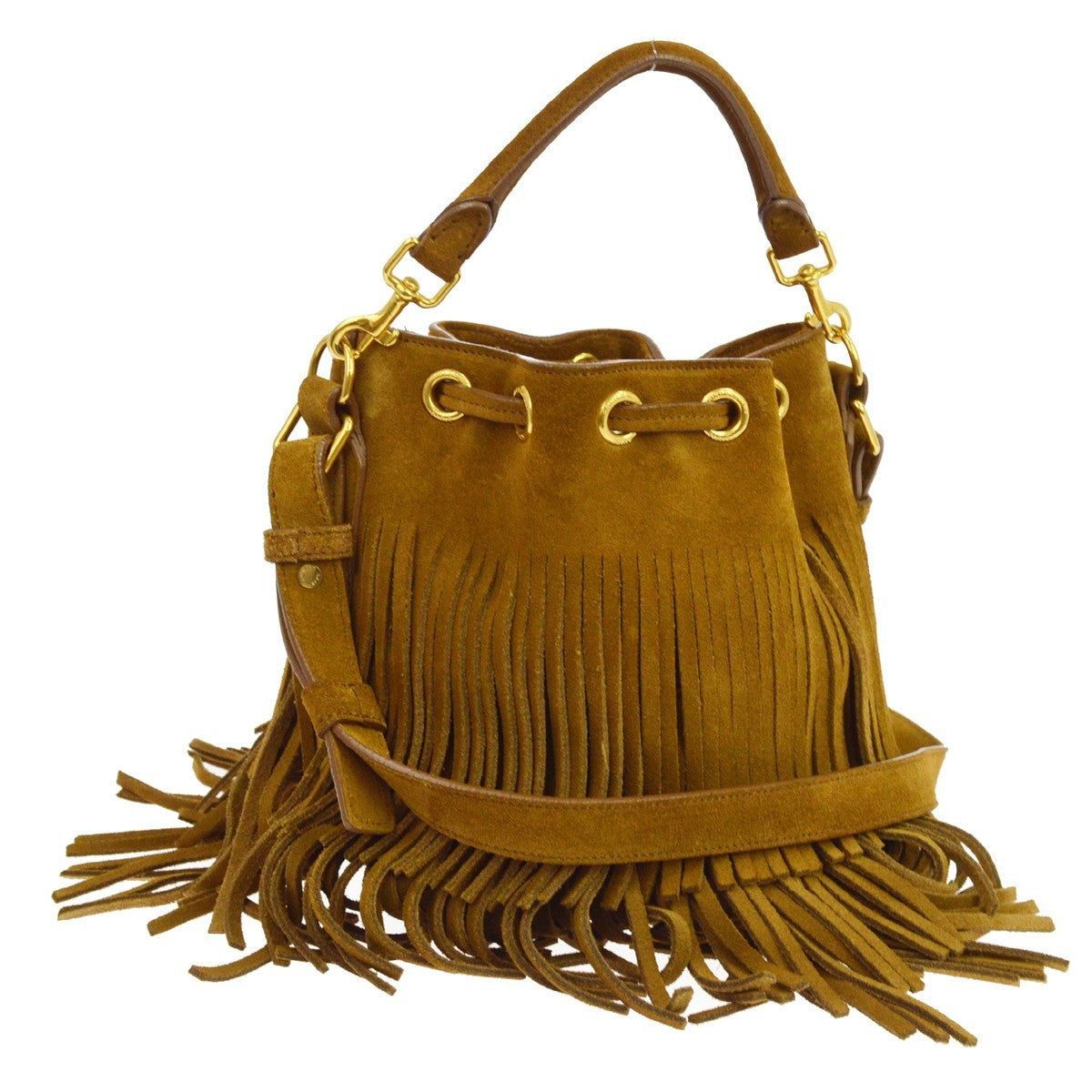 Saint Laurent Fringe Emmanuelle Bucket Suede Brown Suede Handbag (Pre-Owned)
