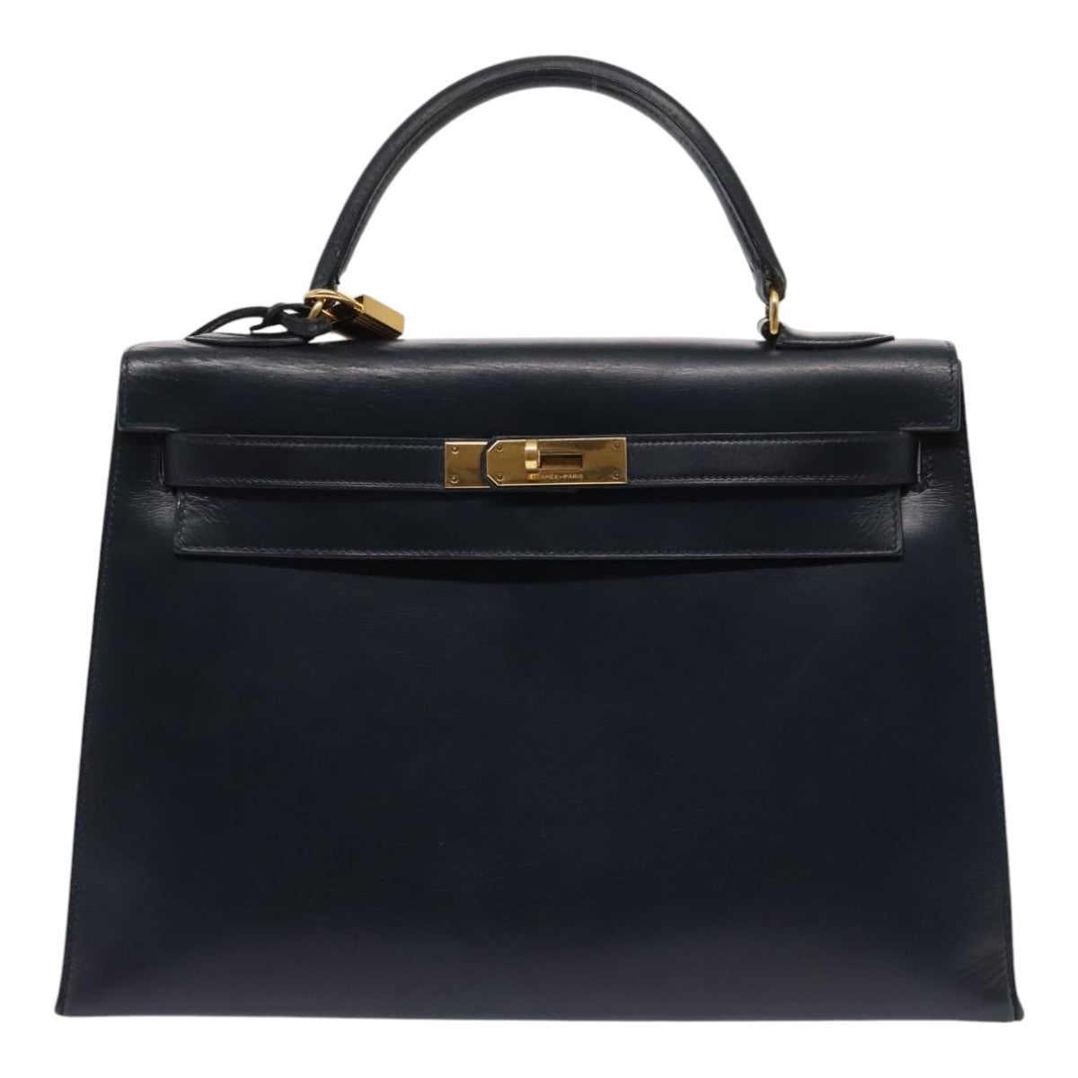 Hermes Kelly Black Box Calf With Gold Hardware Navy Leather Handbag (Pre-Owned)