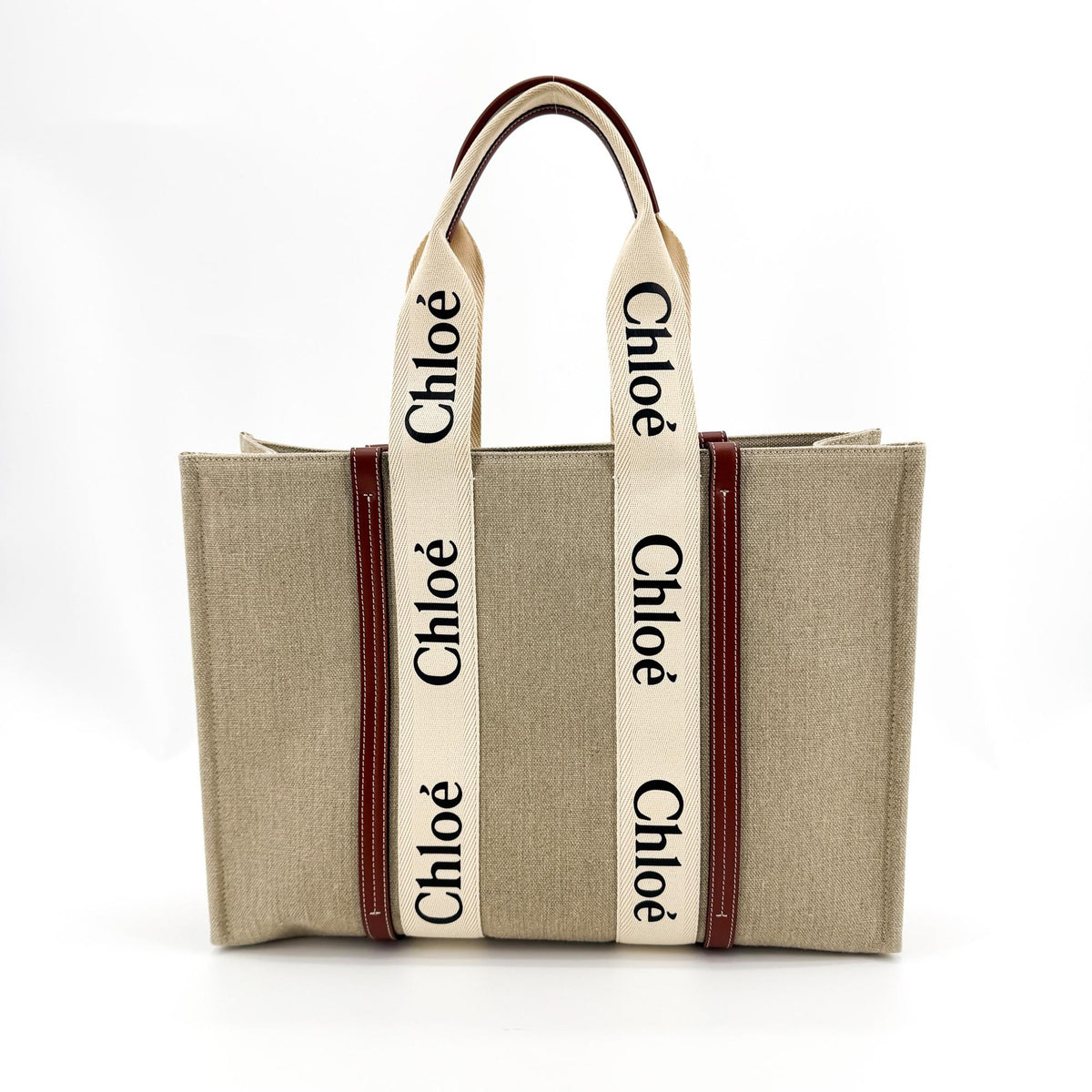 Chloe Woody Canvas With Leather Brown Canvas Tote Bag Bag (Pre-Owned)