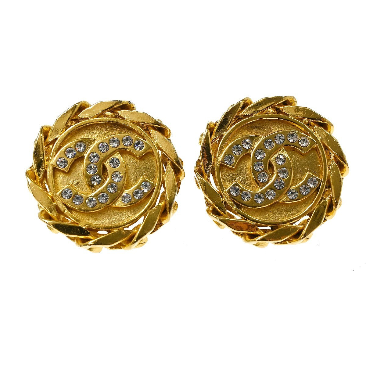 Chanel Vintage Cc Round Clip-On Metal With Crystals Gold Gold_Plated Earrings Jewelry (Pre-Owned)