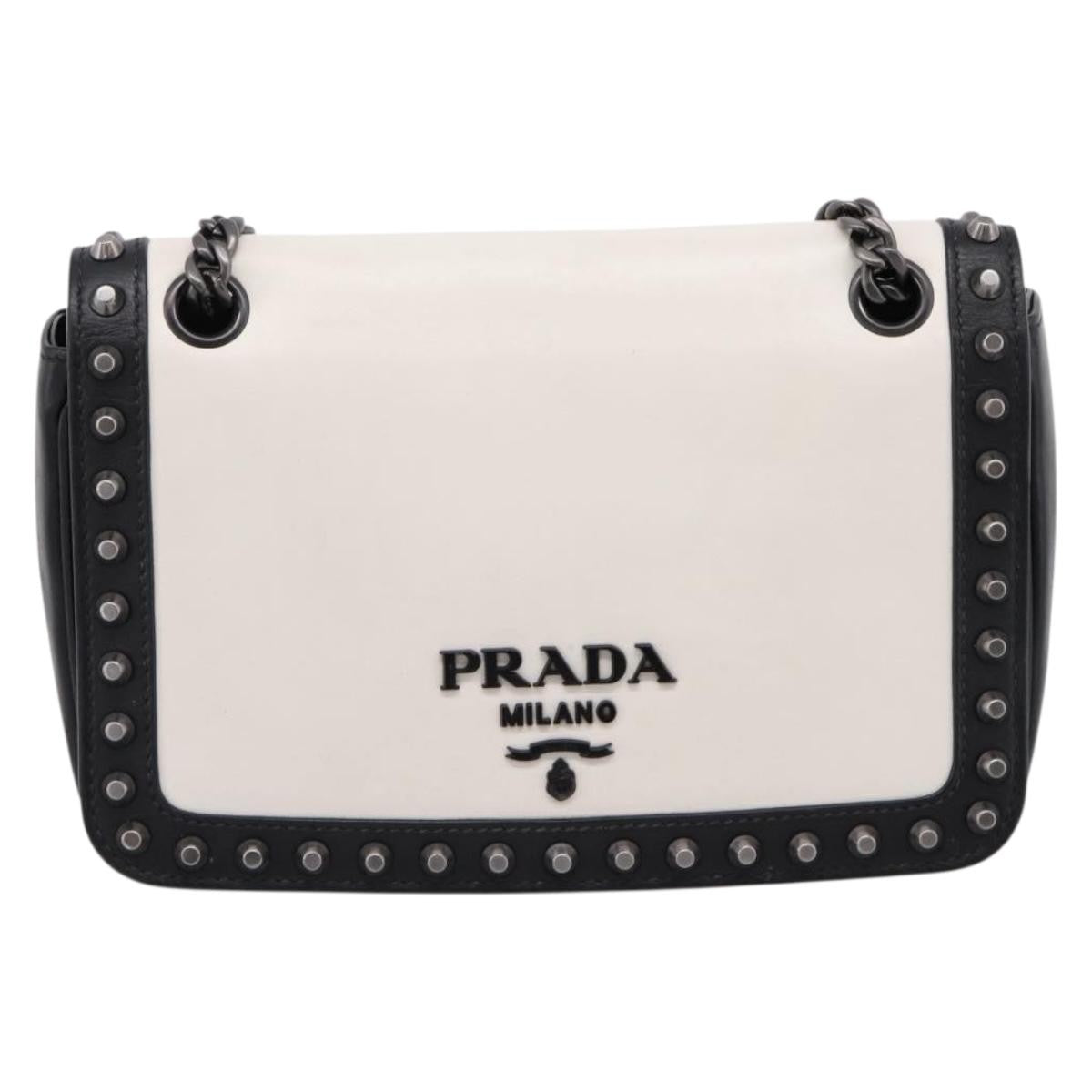 Prada Chain Flap Studded Glace Calf White Leather Shoulder Bag Bag (Pre-Owned)