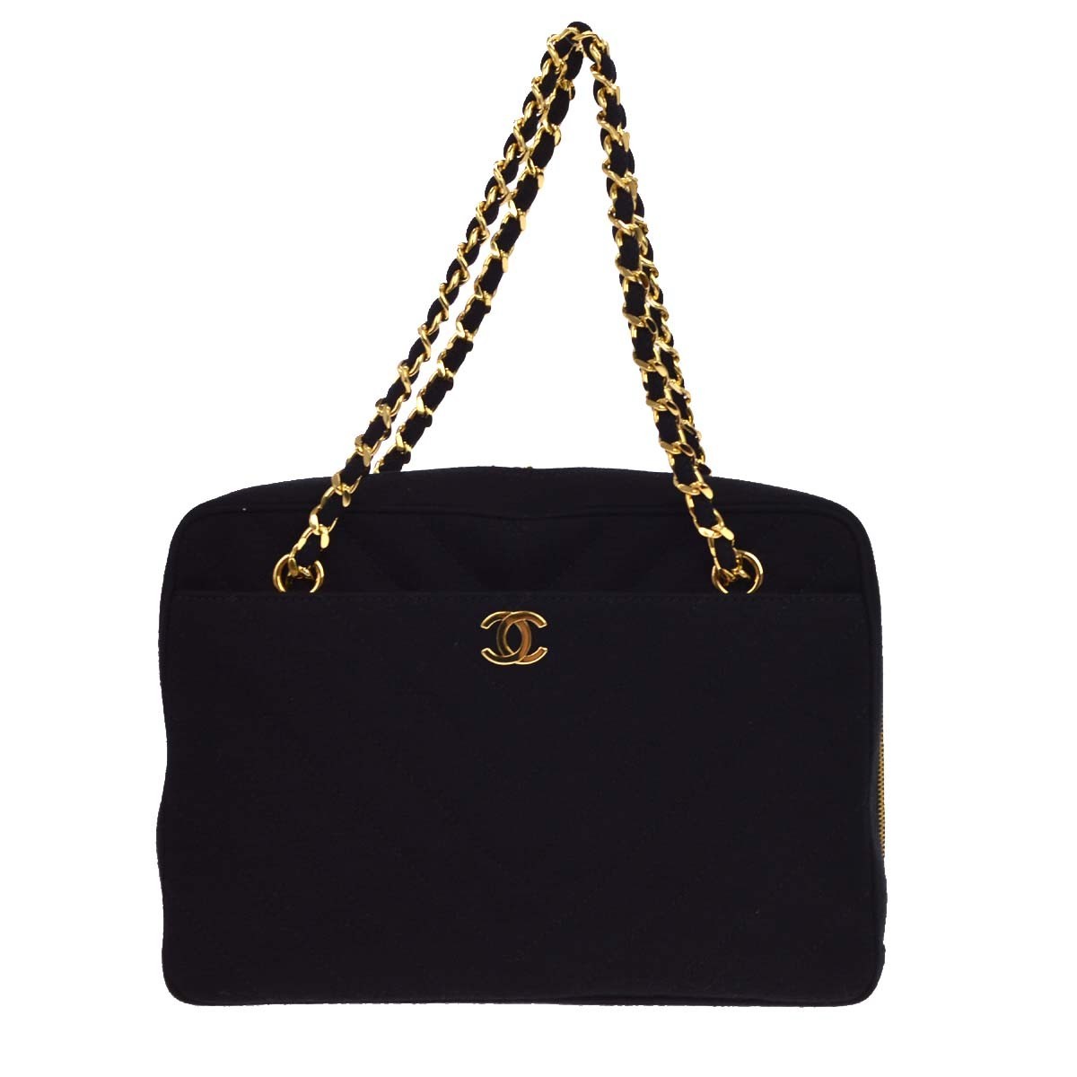 Chanel Vintage Pocket Camera Chevron Jersey Black Canvas Handbag (Pre-Owned)