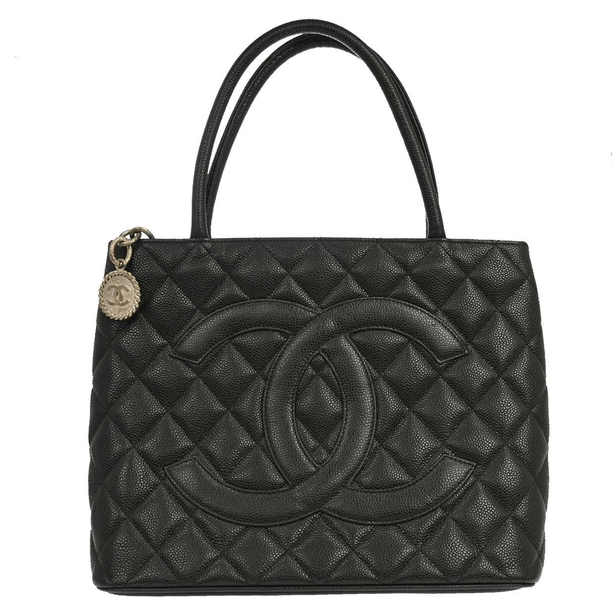 Chanel Medallion Tote Quilted Caviar Black Leather Tote Bag Bag (Pre-Owned)