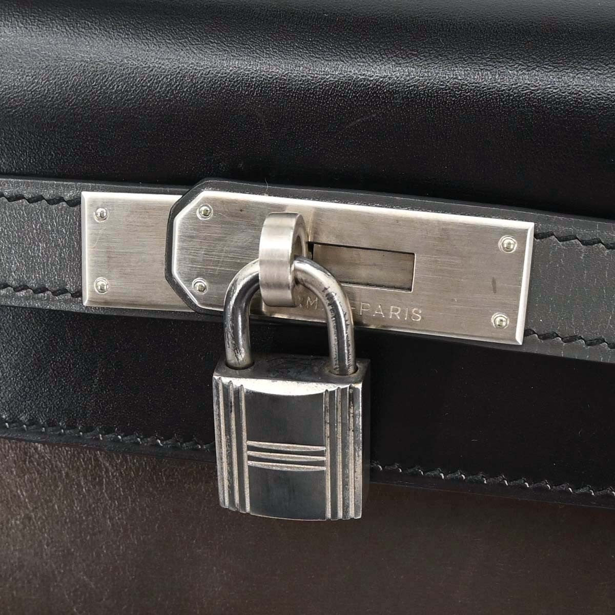 Hermes Kelly Black Box Calf With Palladium Hardware Black Leather Handbag (Pre-Owned)