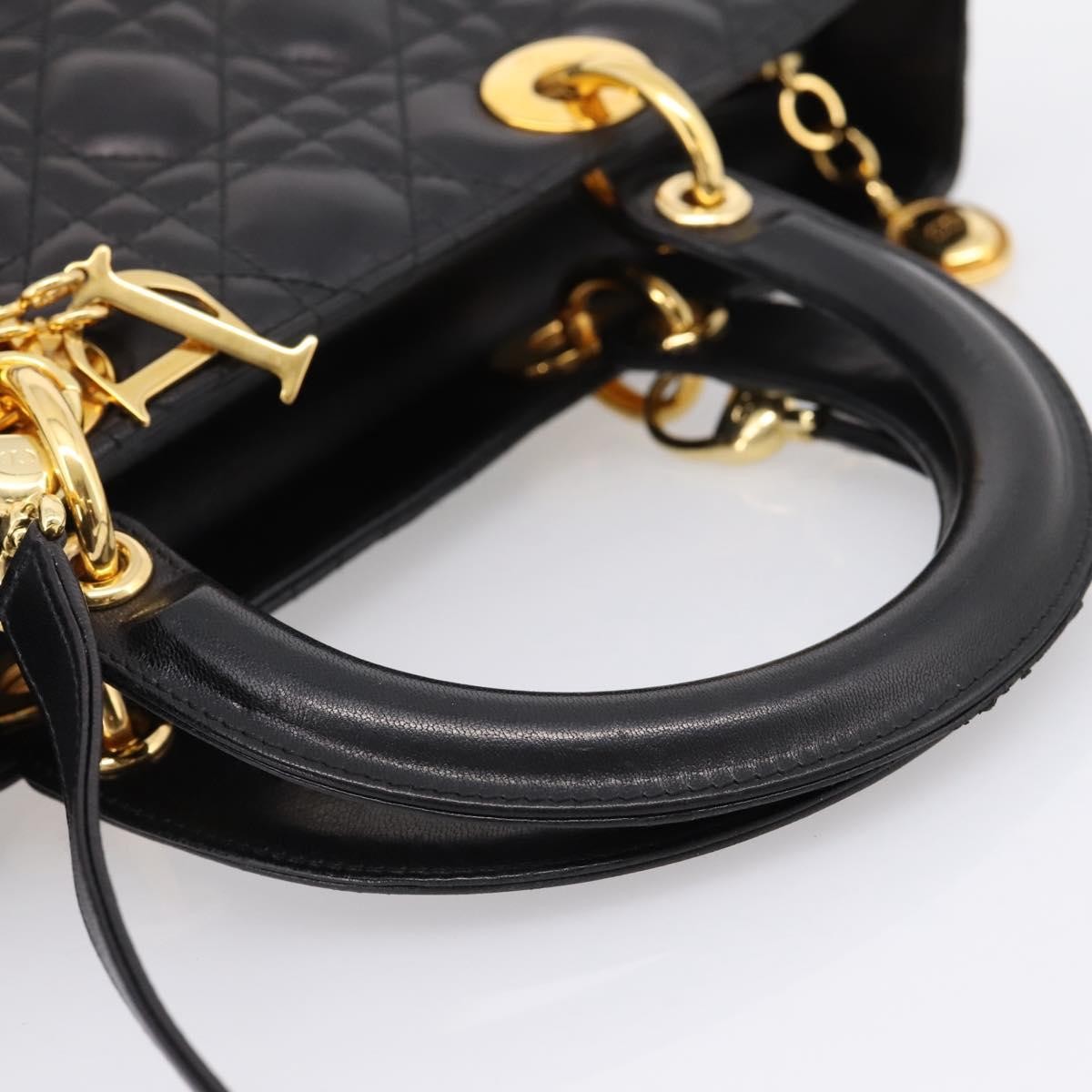 Christian Dior Vintage Lady Dior Cannage Quilt Lambskin Black Leather Handbag (Pre-Owned)