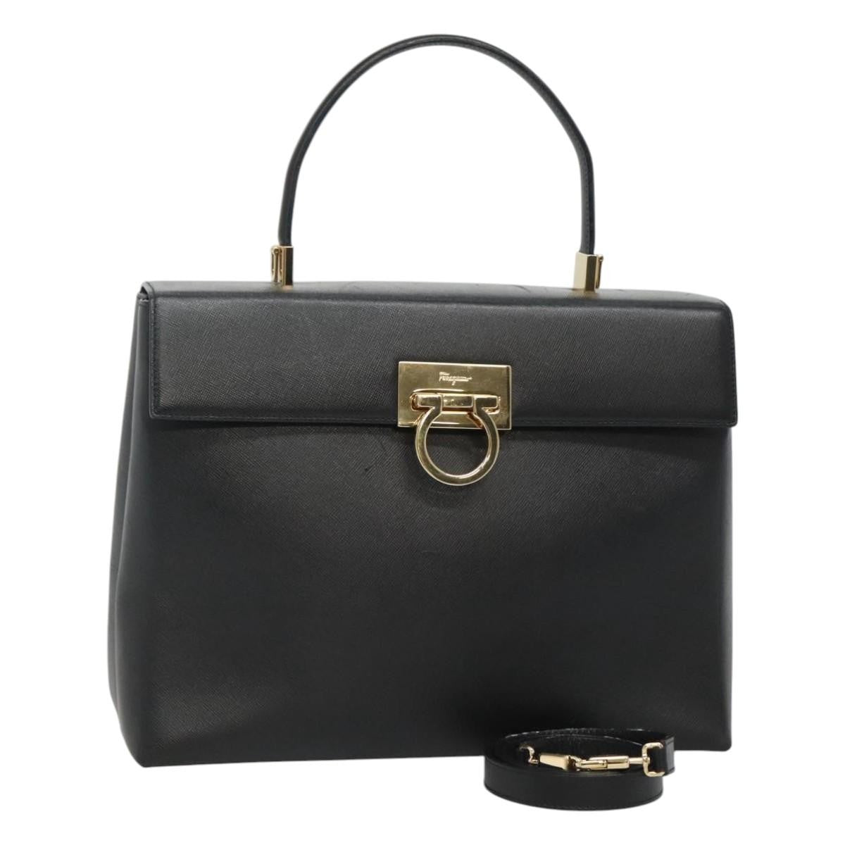 Salvatore Ferragamo Gancini Convertible Top Handle Leather Black Leather Handbag (Pre-Owned)