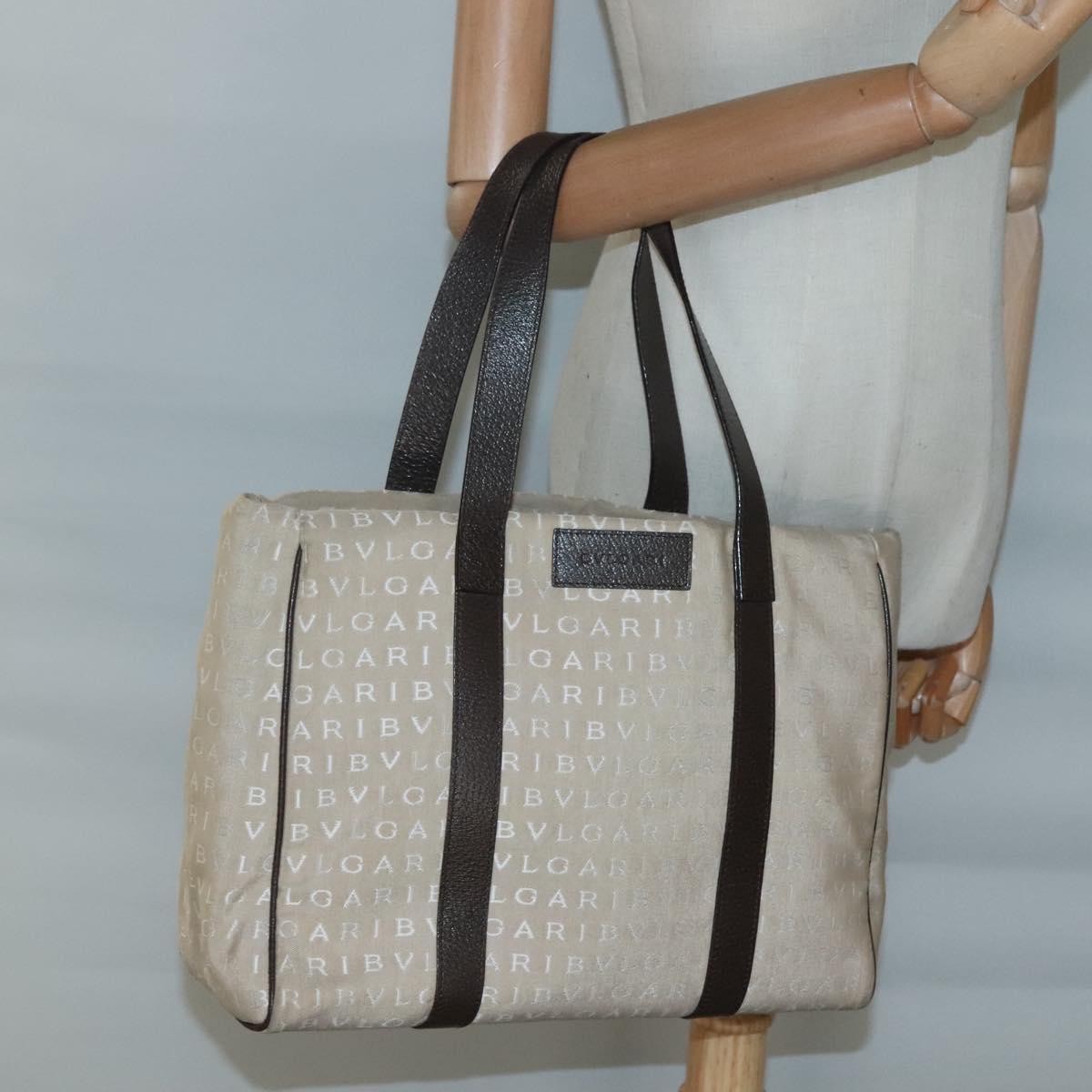 Bvlgari B.Zero1 Logomania Canvas With Leather Beige Canvas Tote Bag Bag (Pre-Owned)