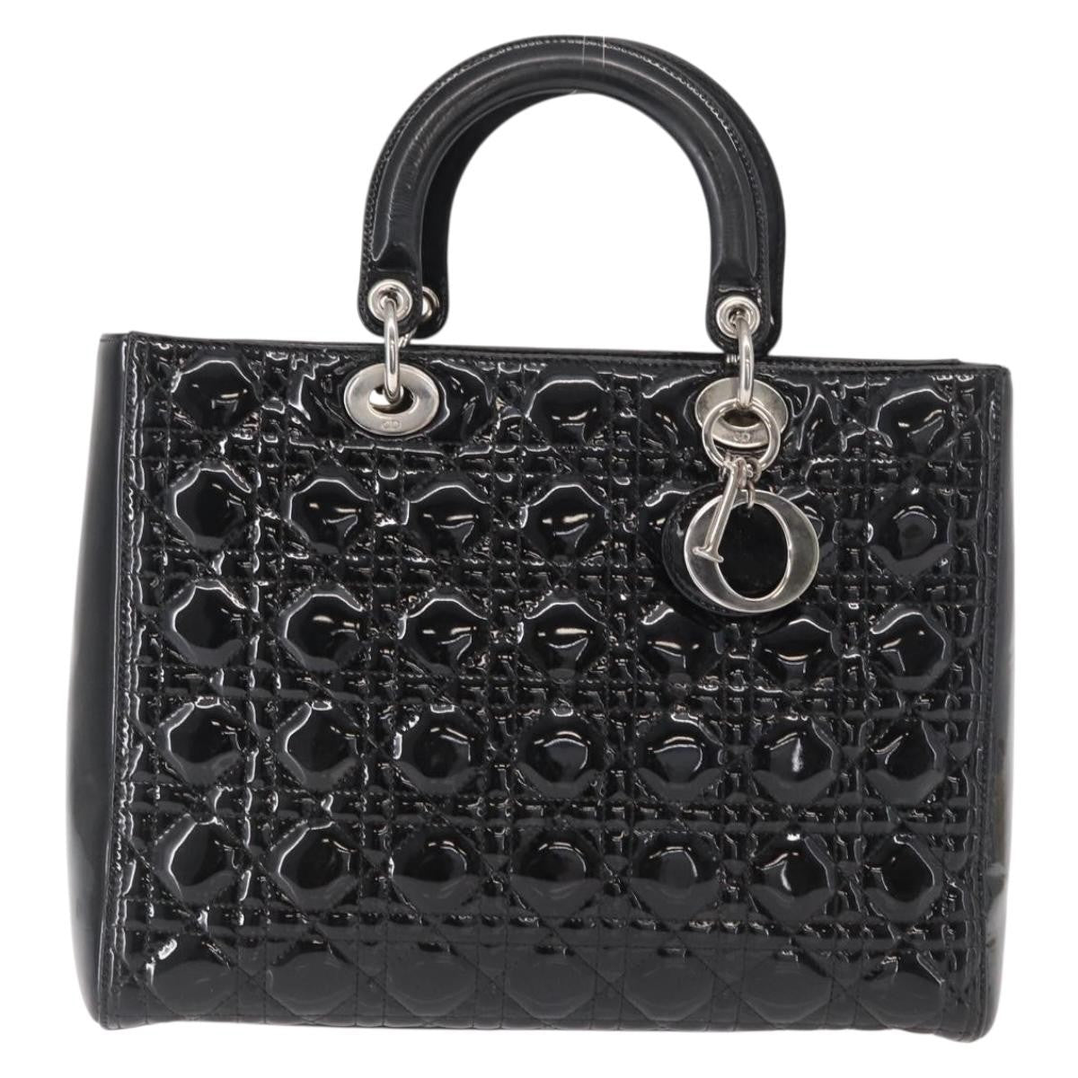 Christian Dior Lady Dior Cannage Stitch Patent Black Patent_Leather Handbag (Pre-Owned)