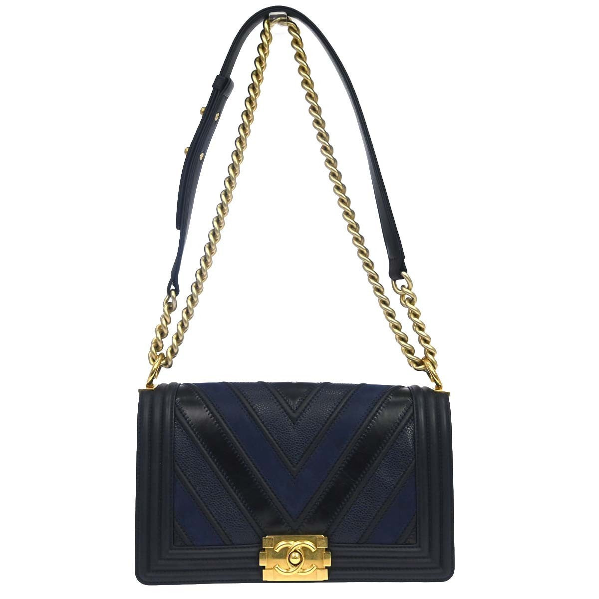 Chanel Boy Flap Chevron Caviar And Calfskin Navy Leather Shoulder Bag Bag (Pre-Owned)