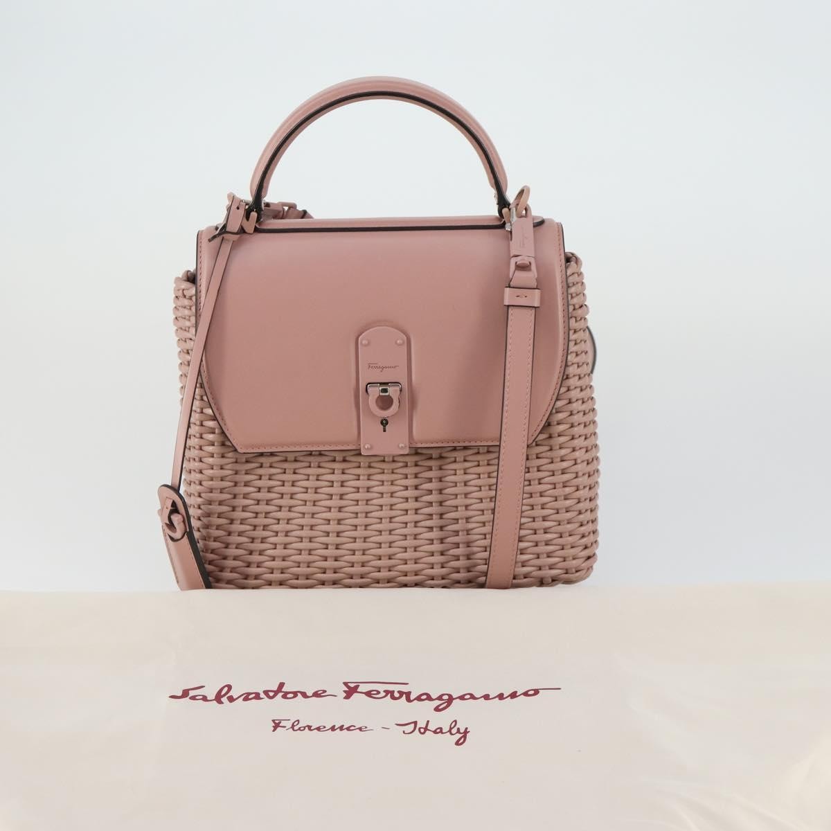 Salvatore Ferragamo Boxyz Top Handle Woven Leather Pink Leather Handbag (Pre-Owned)