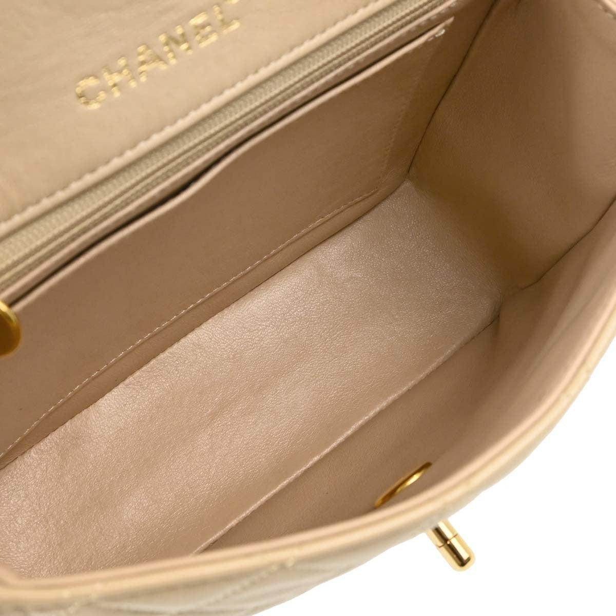 Chanel Cc Top Handle Flap Quilted Lambskin Beige Leather Handbag (Pre-Owned)