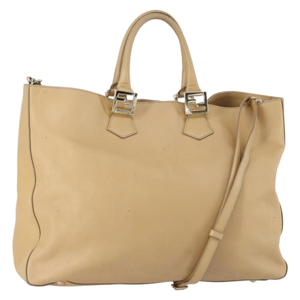 Fendi Twins Tote Leather Beige Leather Tote Bag Bag (Pre-Owned)