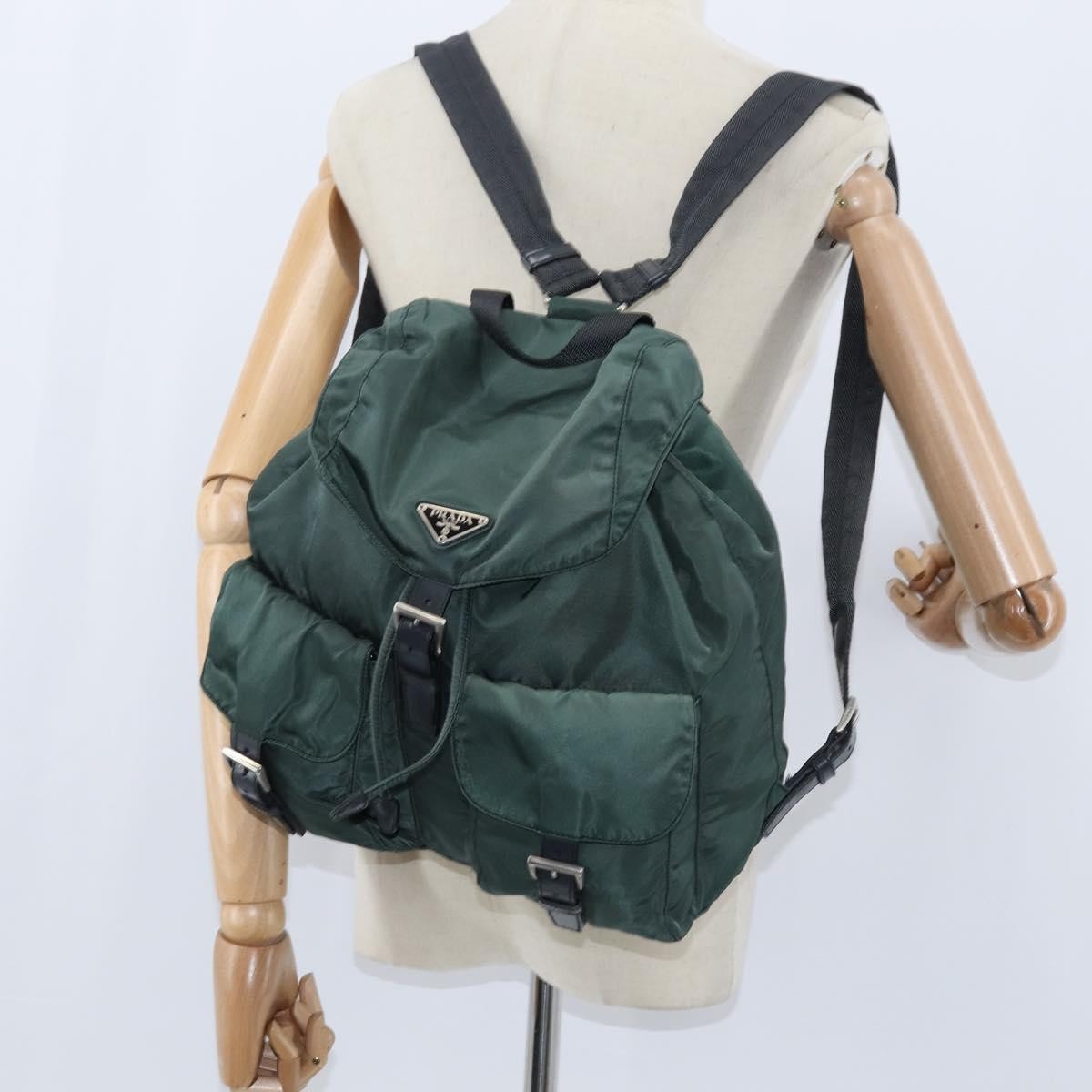 Prada Vela Double Front Pocket Tessuto With Saffiano Leather Khaki Nylon Backpack Bag (Pre-Owned)