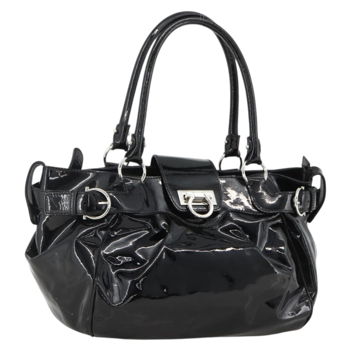 Salvatore Ferragamo Gancini Patent Leather Black Patent_Leather Handbag (Pre-Owned)