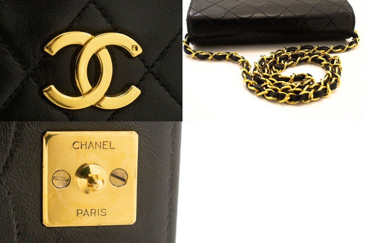 Chanel Vintage Full Flap Quilted Lambskin Black Leather Handbag (Pre-Owned)