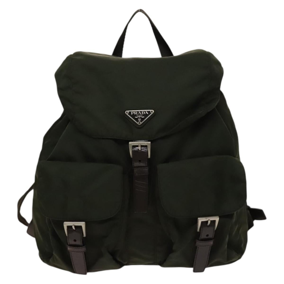 Prada Vela Double Front Pocket Tessuto With Saffiano Leather Khaki Nylon Backpack Bag (Pre-Owned)