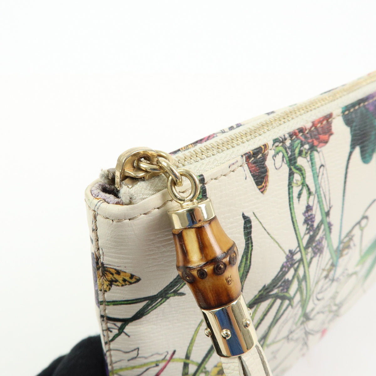 Gucci Bamboo Zip Pouch Flora Leather Beige Leather Clutche & Pouche Bag (Pre-Owned)