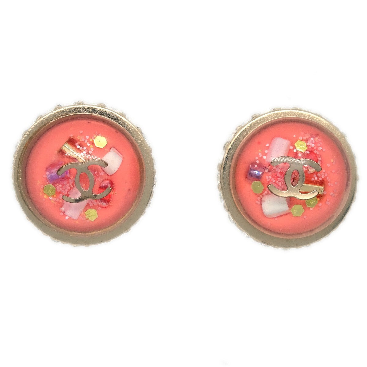 Chanel Cc Logo Button Stud Metal With Crystals Pink Plastic Earrings Jewelry (Pre-Owned)