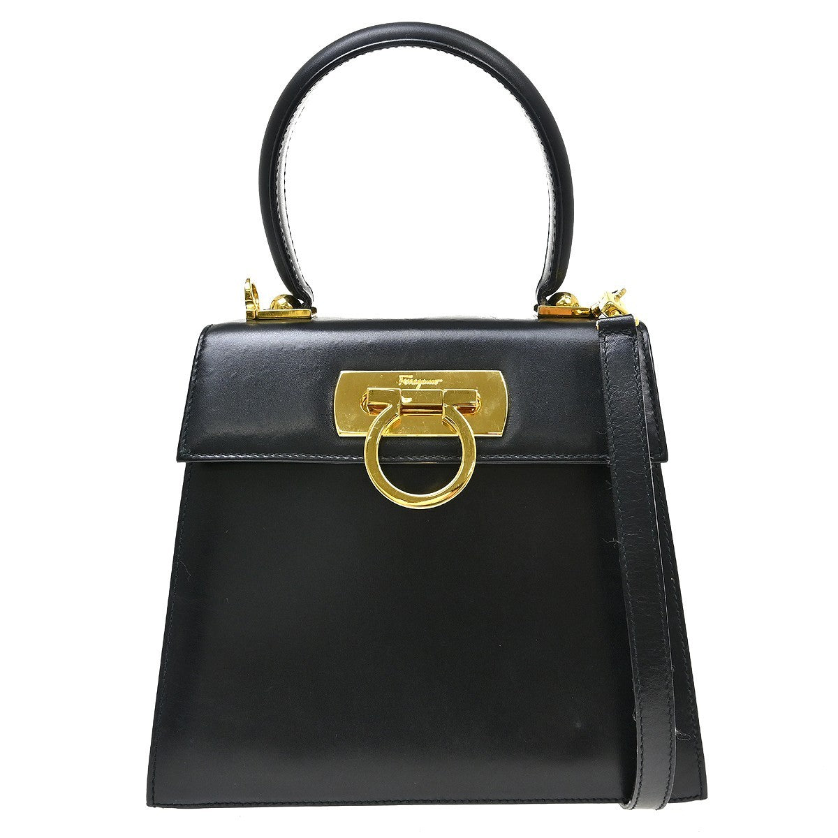 Salvatore Ferragamo Gancini Convertible Top Handle Leather Black Leather Handbag (Pre-Owned)