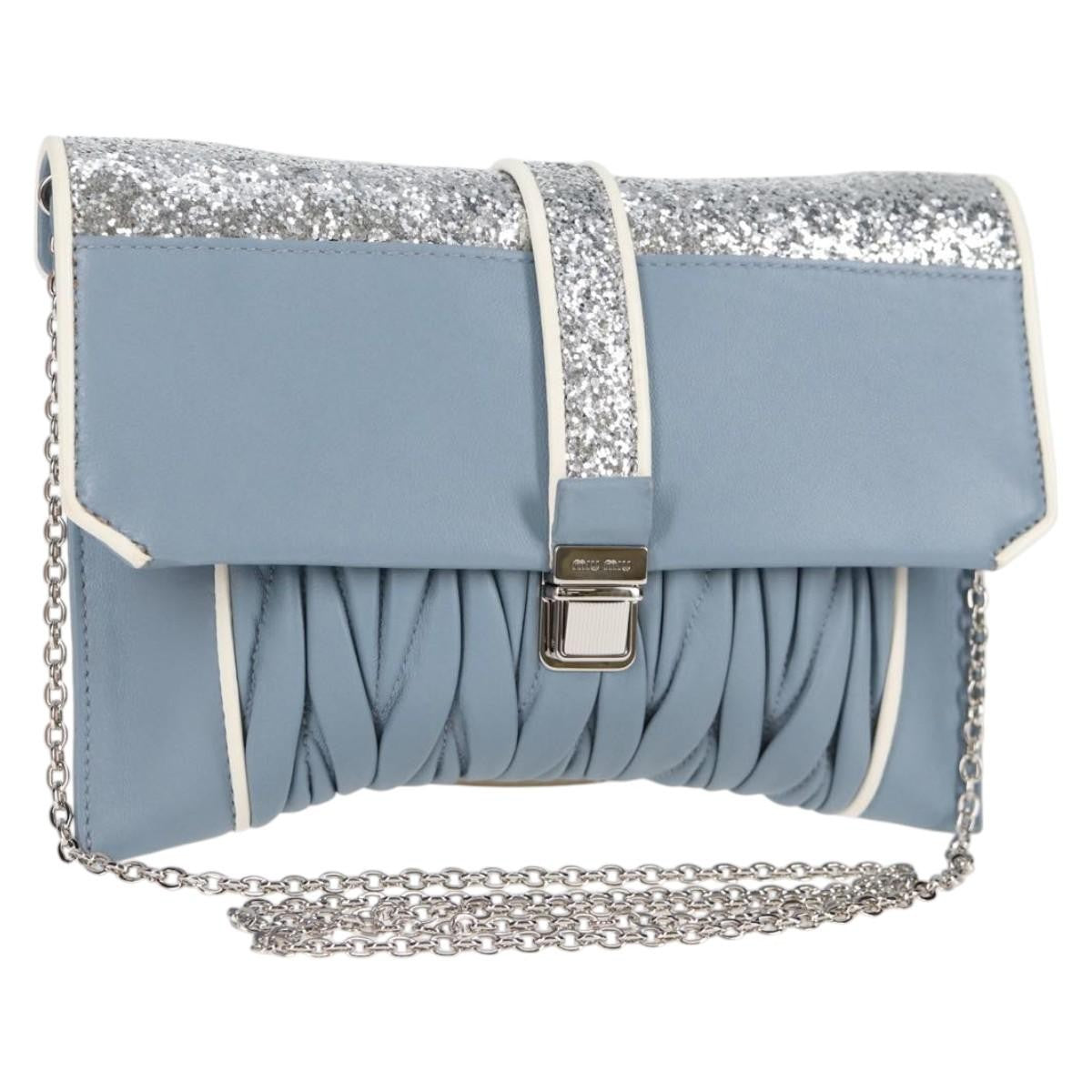 Miu Miu Madras Chain Clutch Matelasse Leather With Glitter Blue Leather Shoulder Bag Bag (Pre-Owned)