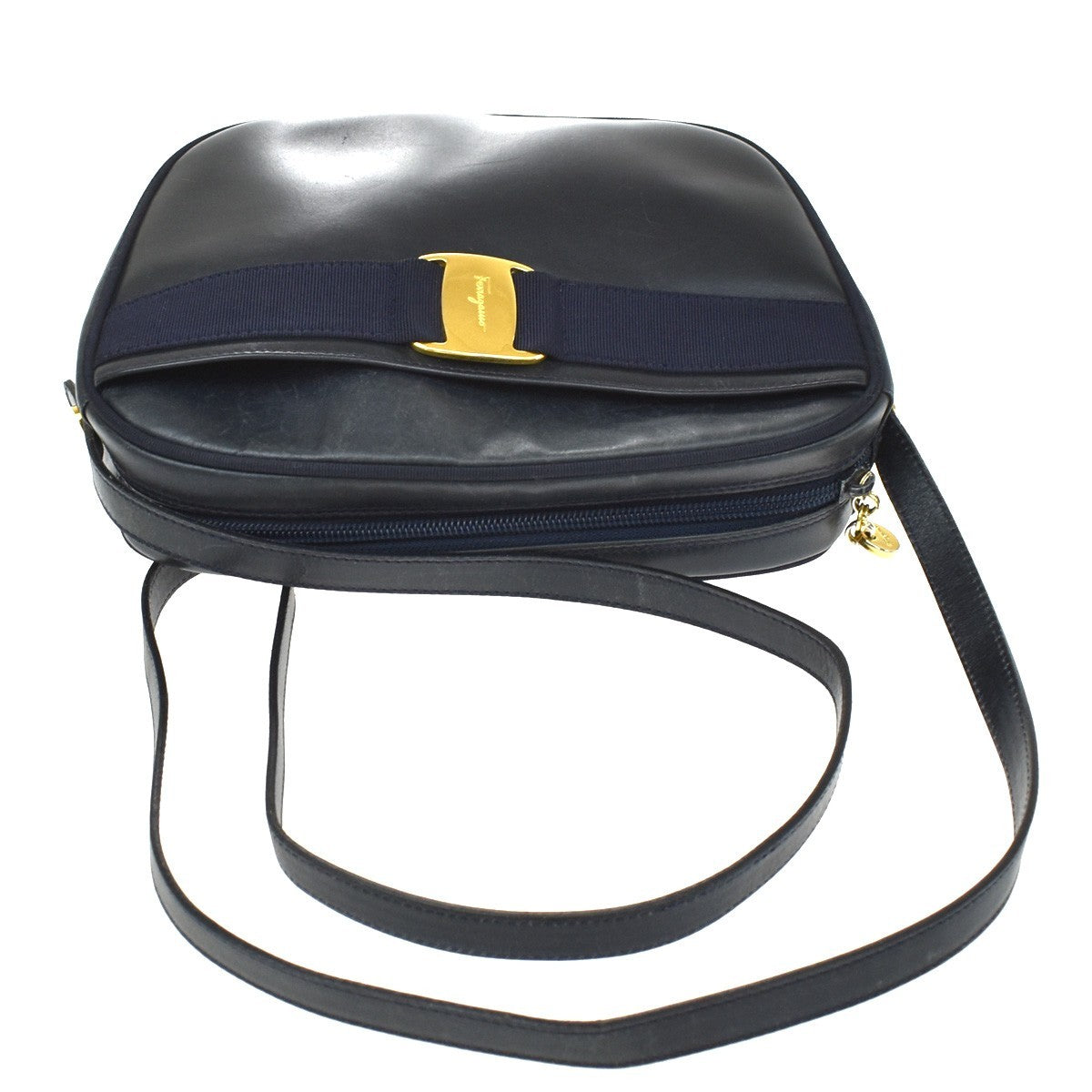 Salvatore Ferragamo Vara Bow Camera Leather Navy Leather Shoulder Bag Bag (Pre-Owned)