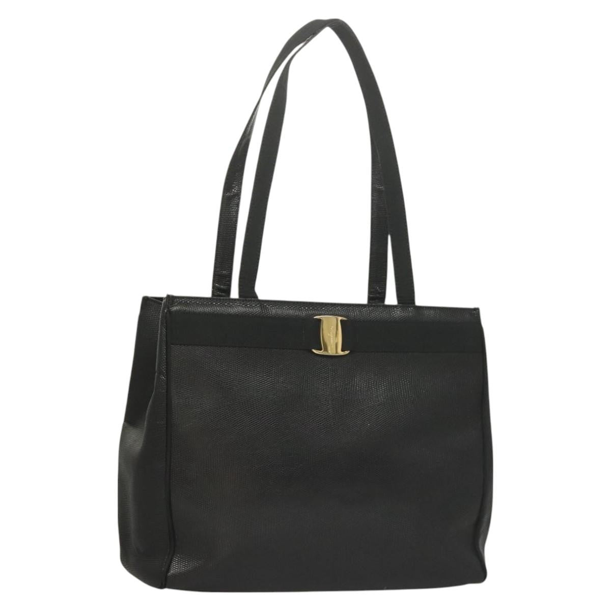 Salvatore Ferragamo Vintage Vara Bow Tote Lizard Embossed Leather Black Leather Tote Bag Bag (Pre-Owned)