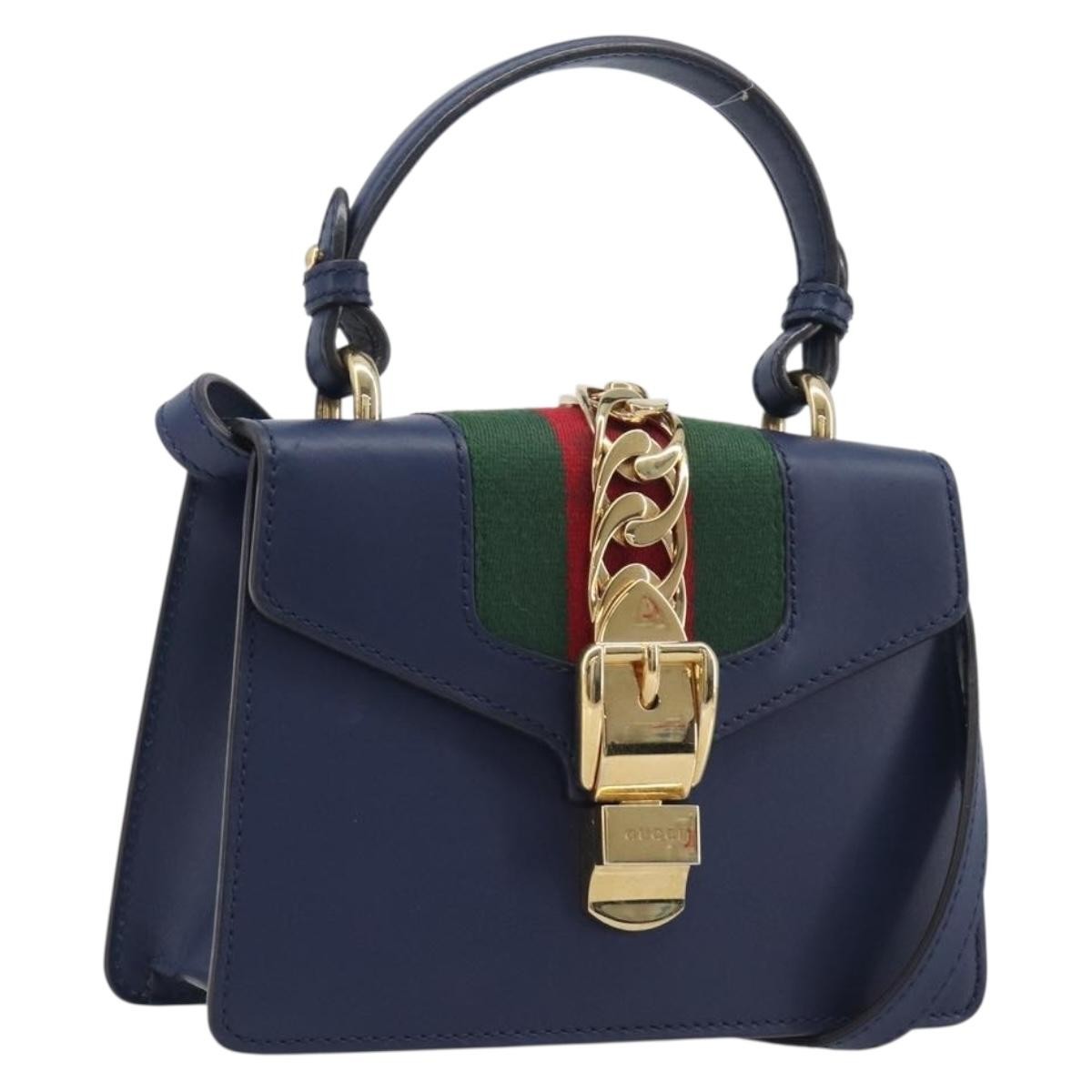 Gucci Sylvie Top Handle Leather Navy Leather Handbag (Pre-Owned)
