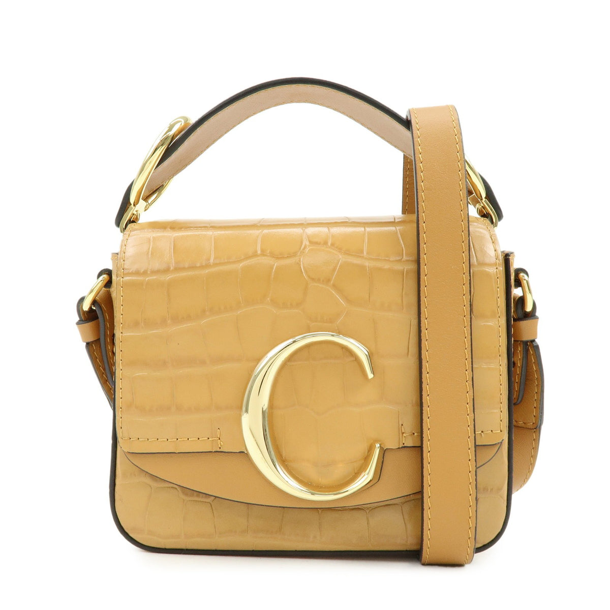 Chloe C Flap Crocodile Embossed Leather Brown Leather Handbag (Pre-Owned)