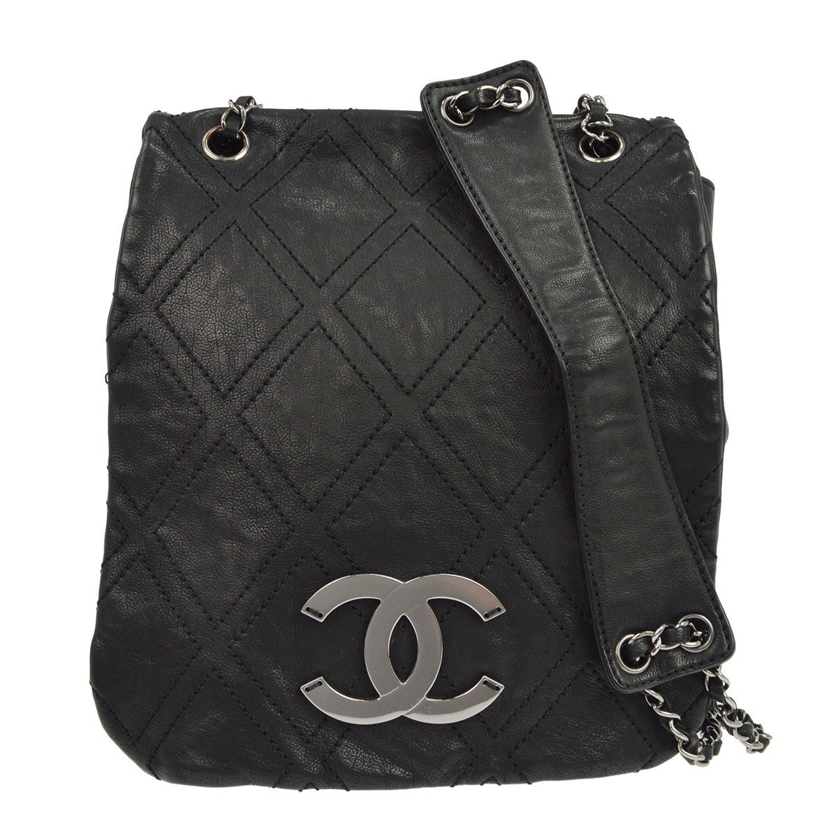 Chanel Diamond Stitch Messenger Quilted Calfskin Black Leather Crossbody Bag Bag (Pre-Owned)