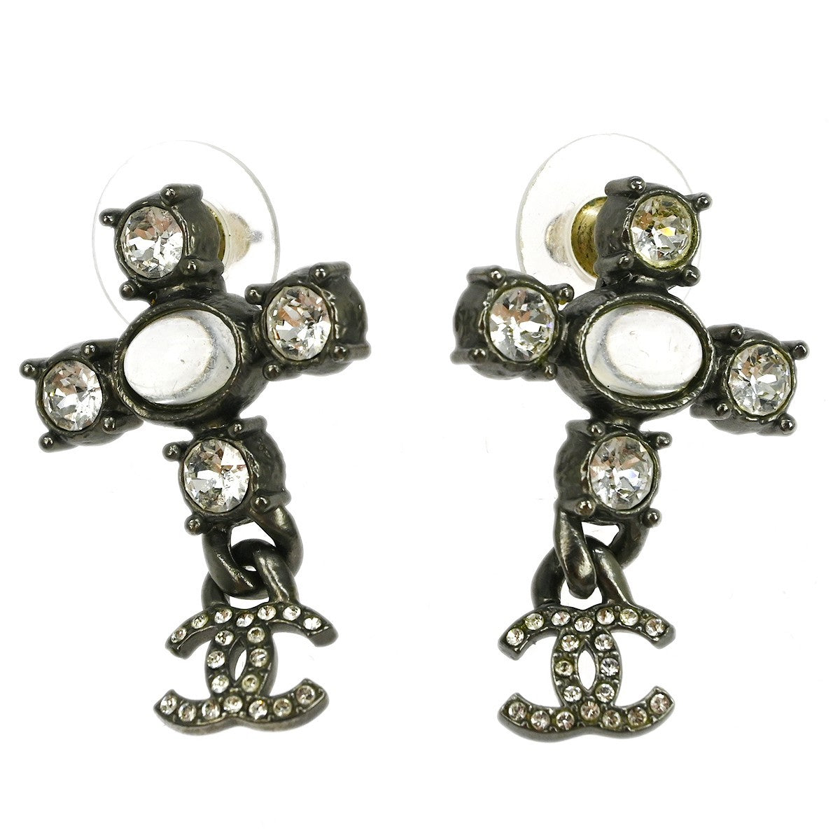 Chanel Cc Dangle Metal With Crystals Silver Silver_Plated Earrings Jewelry (Pre-Owned)