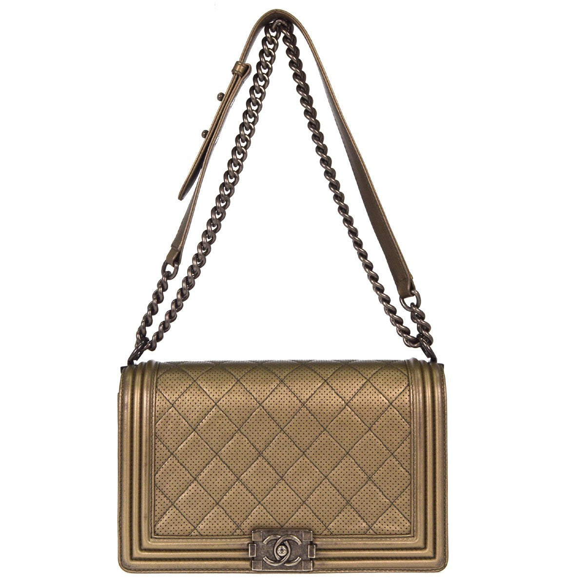 Chanel Boy Flap Quilted Perforated Lambskin Gold Leather Handbag (Pre-Owned)