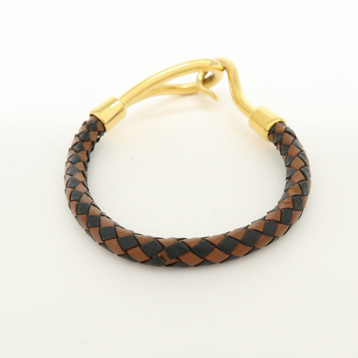 Hermes Jumbo Hook Braided Leather And Metal Brown Leather Bracelet Jewelry (Pre-Owned)