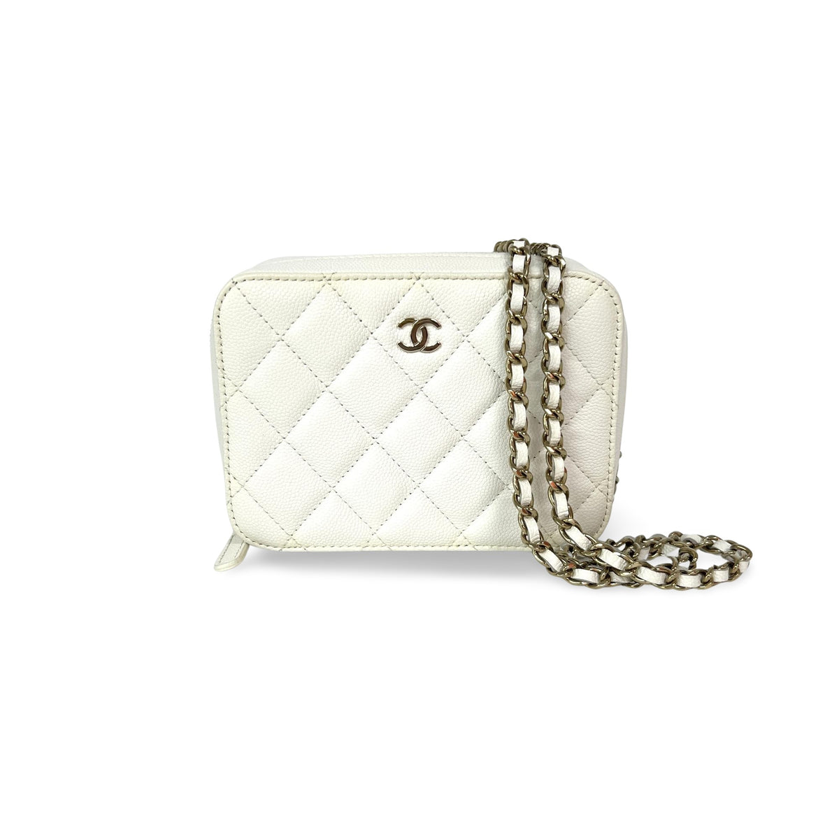 Chanel Square Cc Chain Camera Quilted Caviar White Leather Shoulder Bag Bag (Pre-Owned)