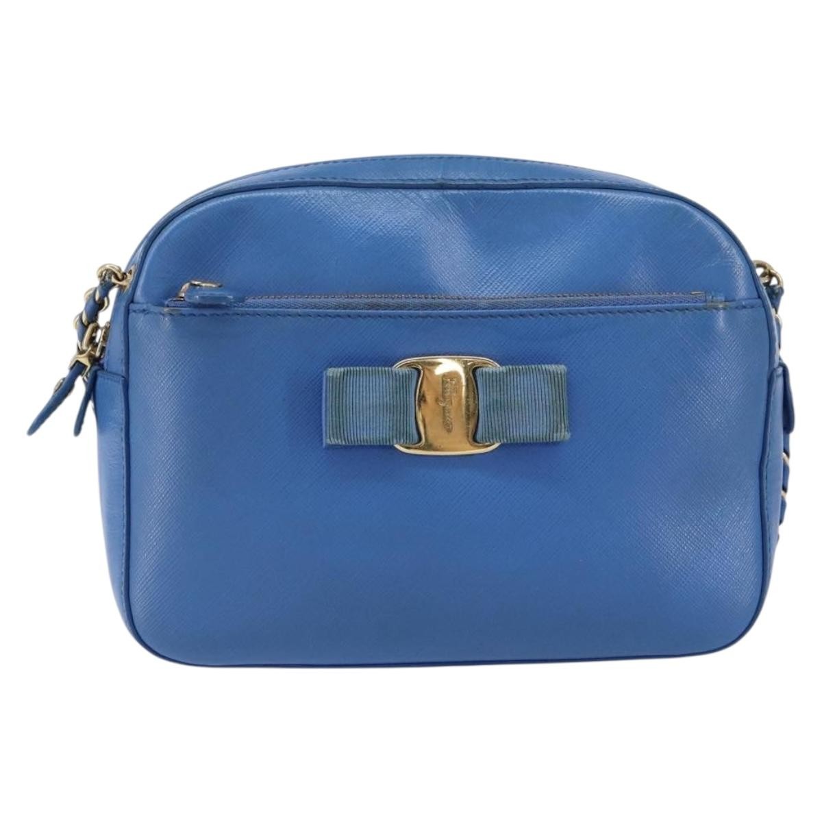 Salvatore Ferragamo Vala Chain Leather Blue Leather Shoulder Bag Bag (Pre-Owned)