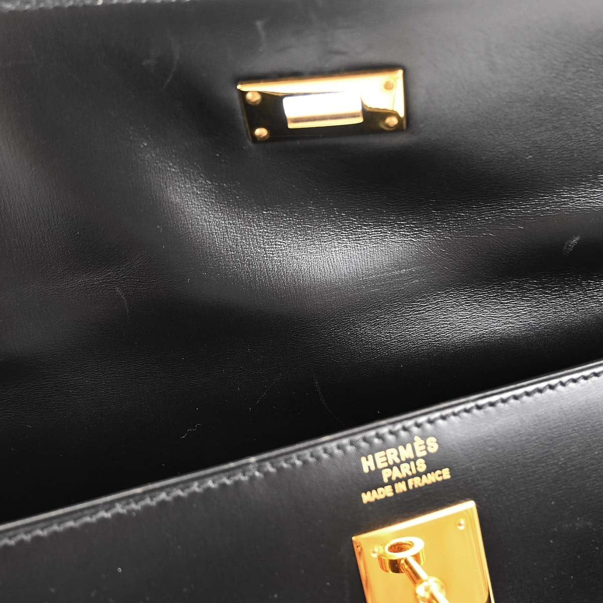 Hermes Kelly Black Box Calf With Gold Hardware Black Leather Handbag (Pre-Owned)