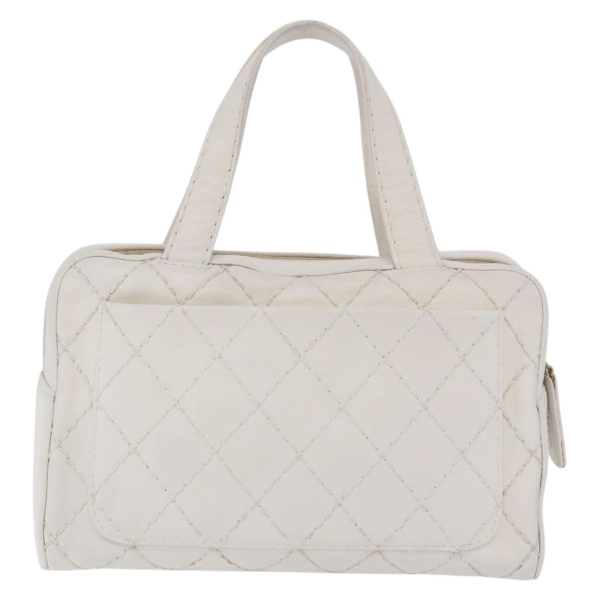 Chanel Vintage Cc Zip Around Bowler Quilted Caviar White Leather Handbag (Pre-Owned)