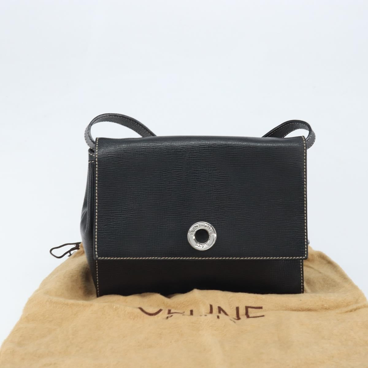 Celine Vintage Circle Logo Leather Black Leather Crossbody Bag Bag (Pre-Owned)