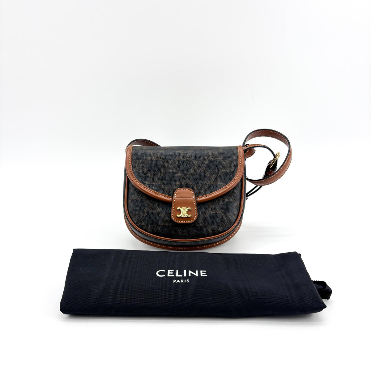Celine Besace Flap Triomphe Coated Canvas Black Calfskin Handbag (Pre-Owned)
