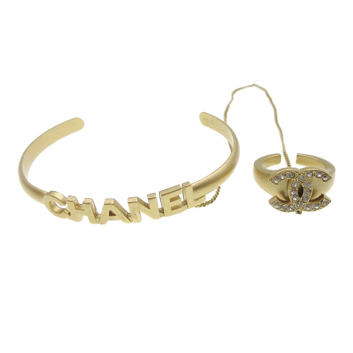 Chanel Logo Bangle With Chain Attached Cc Metal With Crystal Gold Gold_Plated Bracelet Jewelry (Pre-Owned)