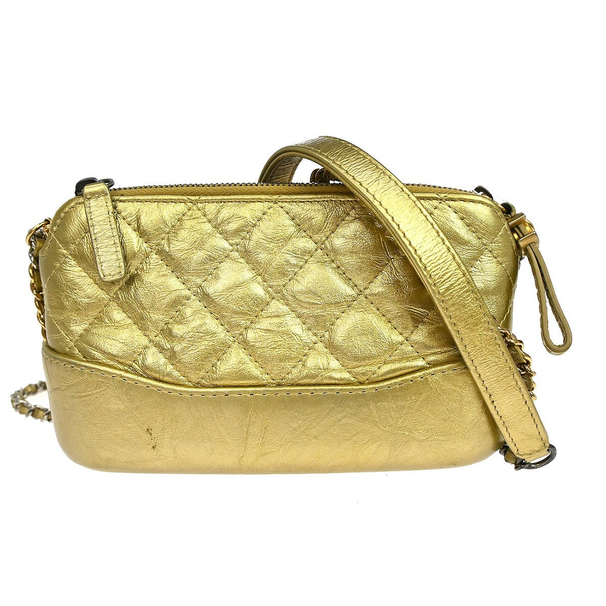 Chanel Gabrielle Double Zip Clutch With Chain Quilted Aged Calfskin Gold Leather Shoulder Bag Bag (Pre-Owned)