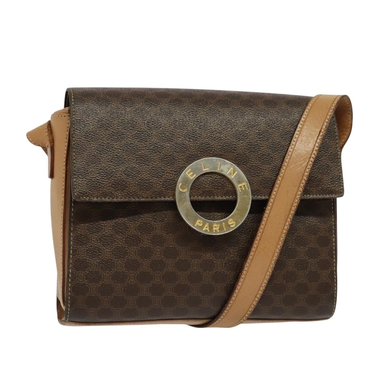 Celine Vintage Macadam Circle Logo Canvas And Leather Brown Canvas Shoulder Bag Bag (Pre-Owned)