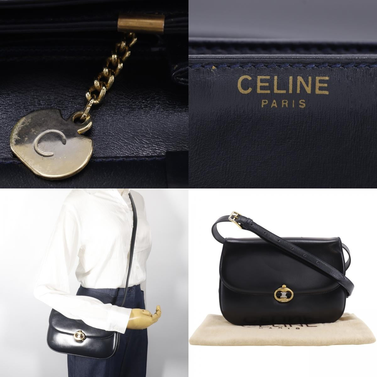Celine Vintage Triomphe Flap Leather Black Calfskin Shoulder Bag Bag (Pre-Owned)