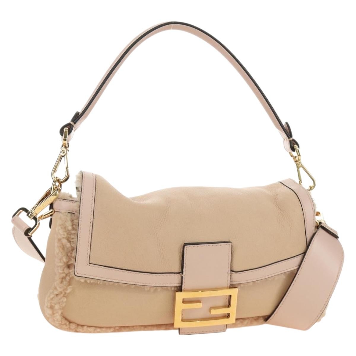 Fendi Mamma Baguette Zucca Canvas Beige Leather Shoulder Bag Bag (Pre-Owned)