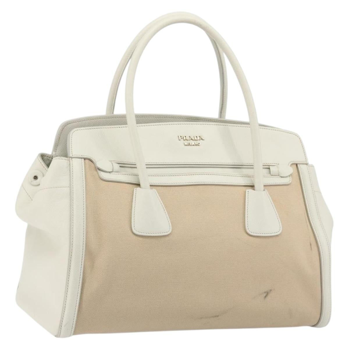 Prada Cuir Frame Convertible Canvas And Saffiano Leather Beige Canvas Tote Bag Bag (Pre-Owned)