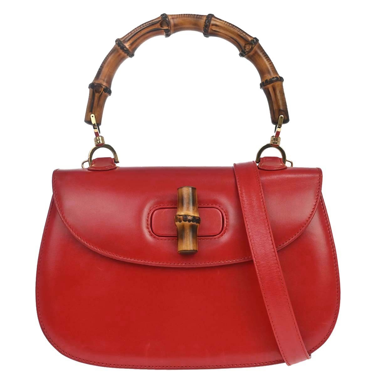 Gucci Vintage Convertible Bamboo Top Handle Leather Red Leather Handbag (Pre-Owned)