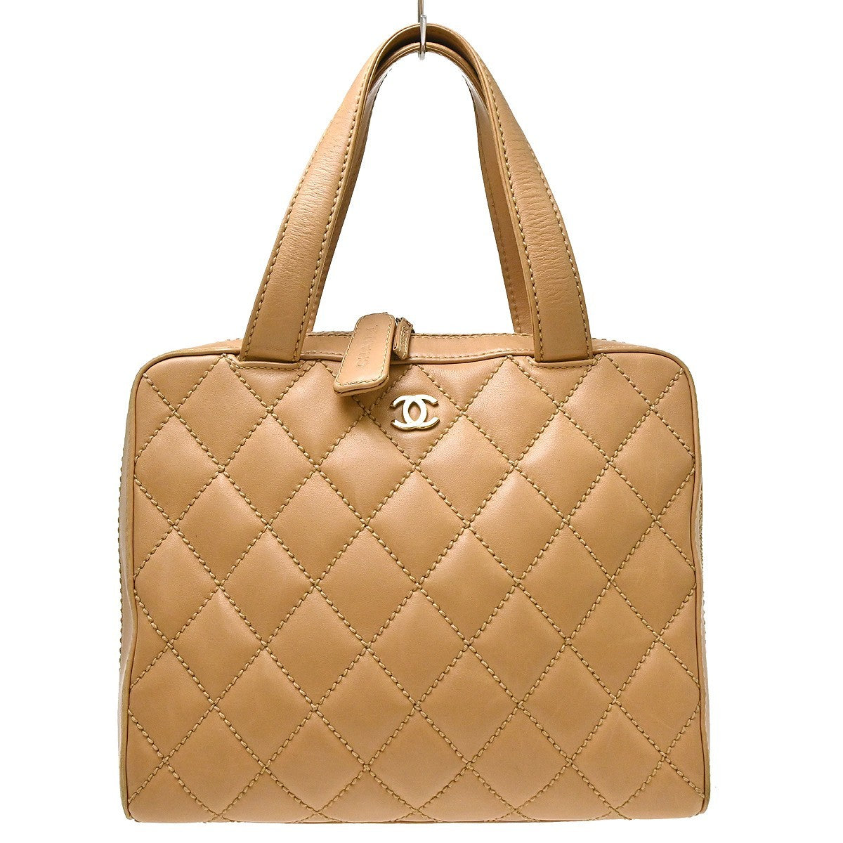 Chanel Surpique Zip Around Satchel Quilted Leather Beige Leather Handbag (Pre-Owned)