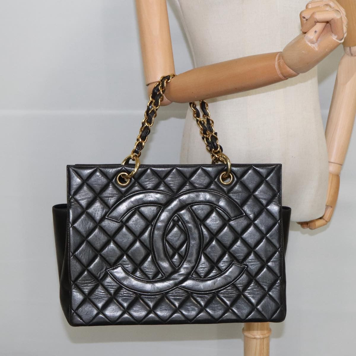 Chanel Vintage Grand Shopping Tote Quilted Lambskin Black Leather Tote Bag Bag (Pre-Owned)